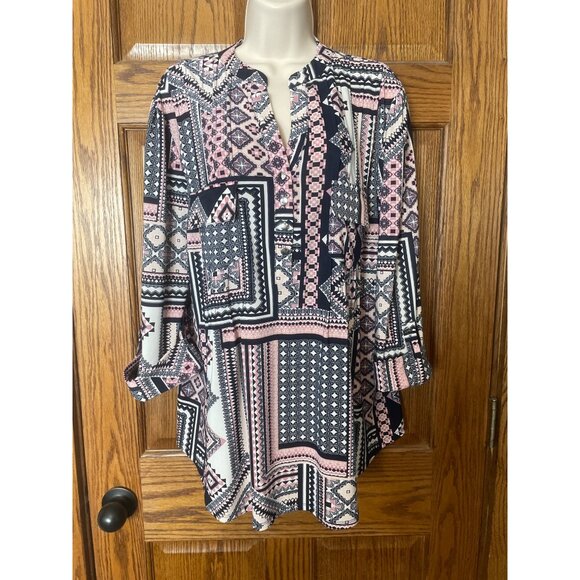 Cocomo Womans Geometric Print Tunic Shirt 1X Pink Black - Picture 1 of 9